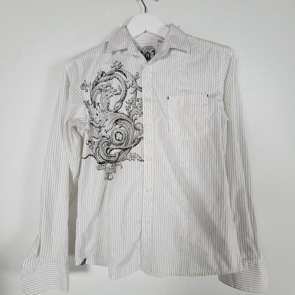 191 Unlimited Mens White Striped Long Sleeve Button-Up Shirt Large Casual Pocket